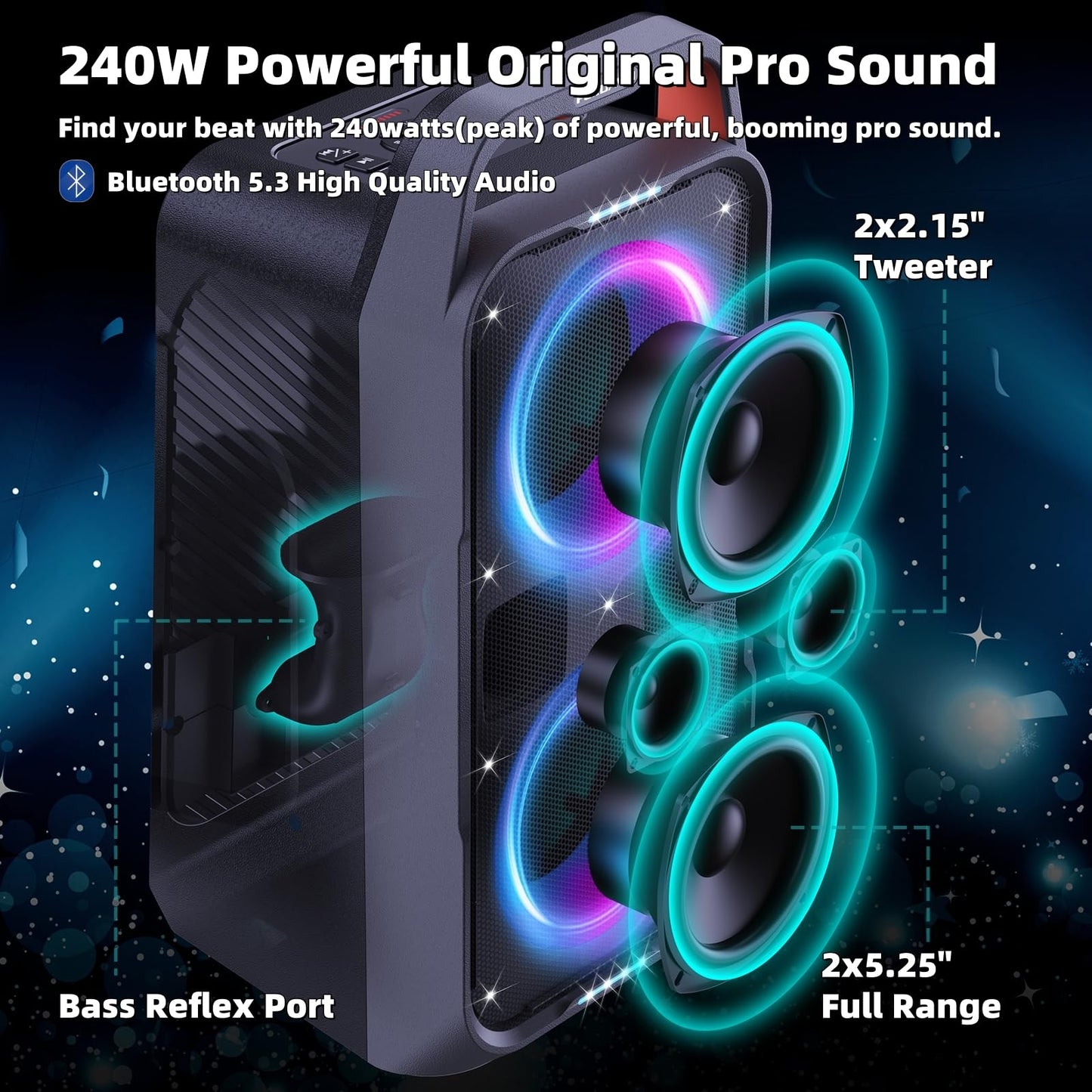 Foxdawn Portable Bluetooth Speaker 240W Deep Bass Wireless Boombox Large Black Model PT300 with 15H Battery Life & LED Light Show