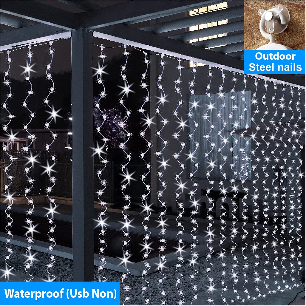 ZSJWL 300 LED White Curtain Lights, 9.8x9.8Ft, Copper Material, Remote Control, 8 Modes, USB Plug, Indoor/Outdoor Use