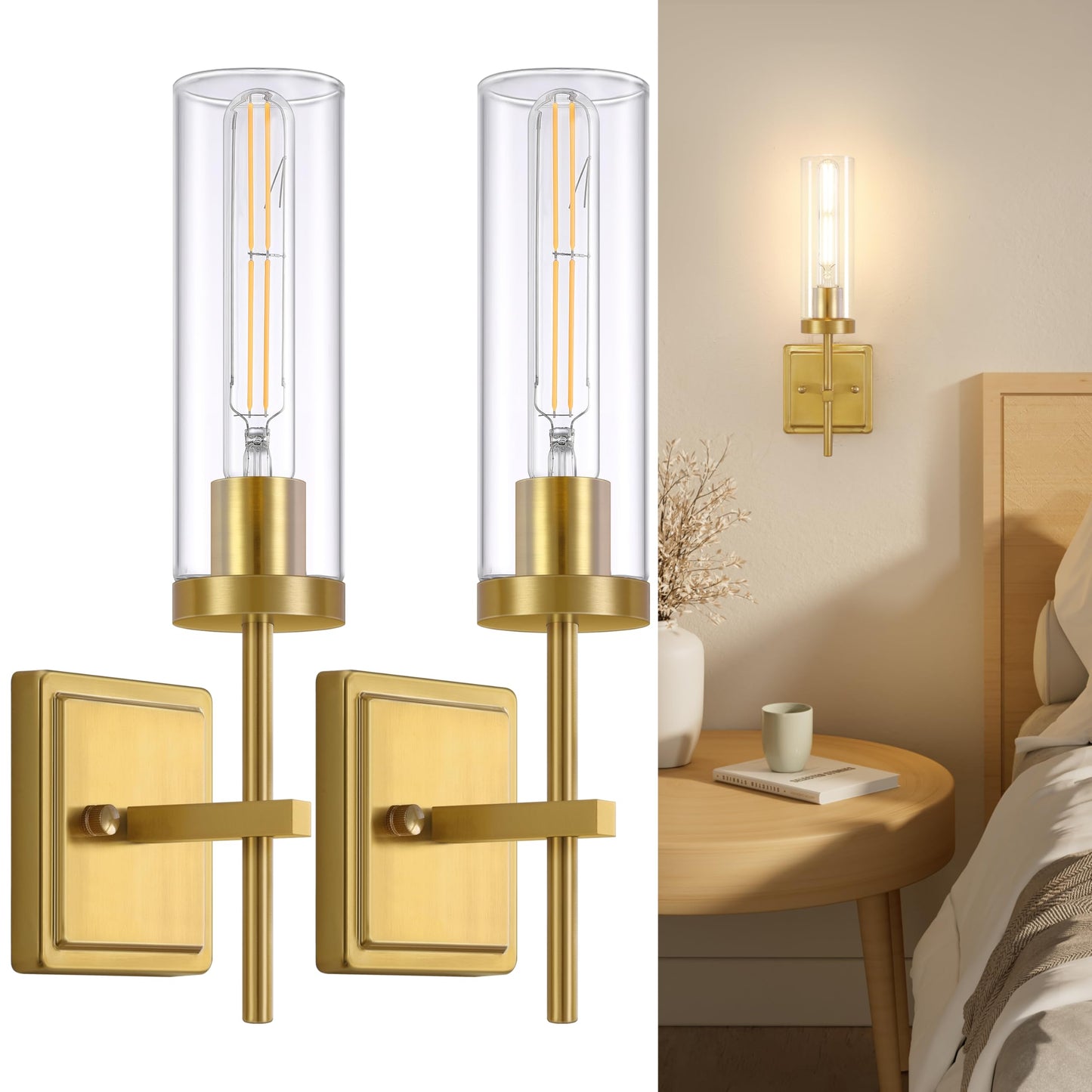Spiglamm Wall Sconces Lighting Set of 2, Hardwired Bathroom Vanity Fixture, Clear Glass Shade, Gold Finish, Model 2P-DTCGS-Gold