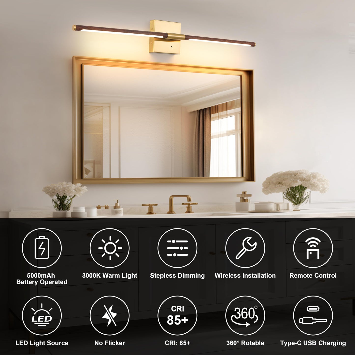 Morauroral 40in Walnut Gold Dimmable Battery Operated Wall Sconces with Remote Control, LED Wireless Lighting, Model 7812