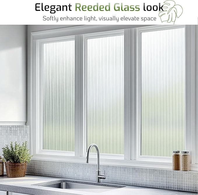 LUTE Reeded Glass Window Privacy Film, Frosted Glass Film, Removable 3D Decorative Decals Sun Blocking Anti UV Door Window Cover, No Glue Static Cling Vinyl for Bathroom Home Office, 35.4" x 78.7"