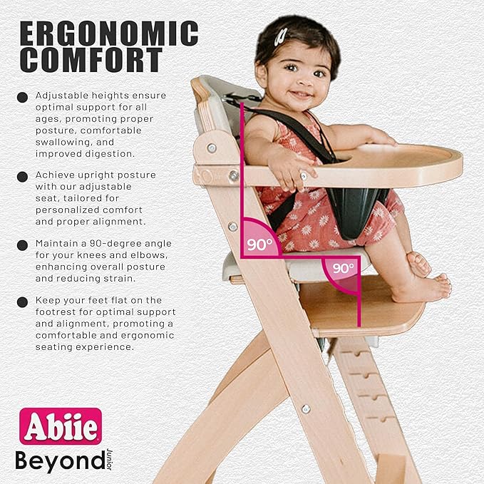 Abiie Beyond Junior Wooden High Chair with Tray - Adjustable and Convertible High Chair for Babies and Toddlers - 6 Months to 250 Lb - Water Resistant - Misty Grey Wood/Dove Grey Cushion