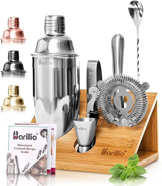 Barillio Bartender Kit - Stainless-Steel Cocktail Shaker Set with Bamboo Stand - Mixology Bar Tools w/Shaker, Drink Mixer ...
