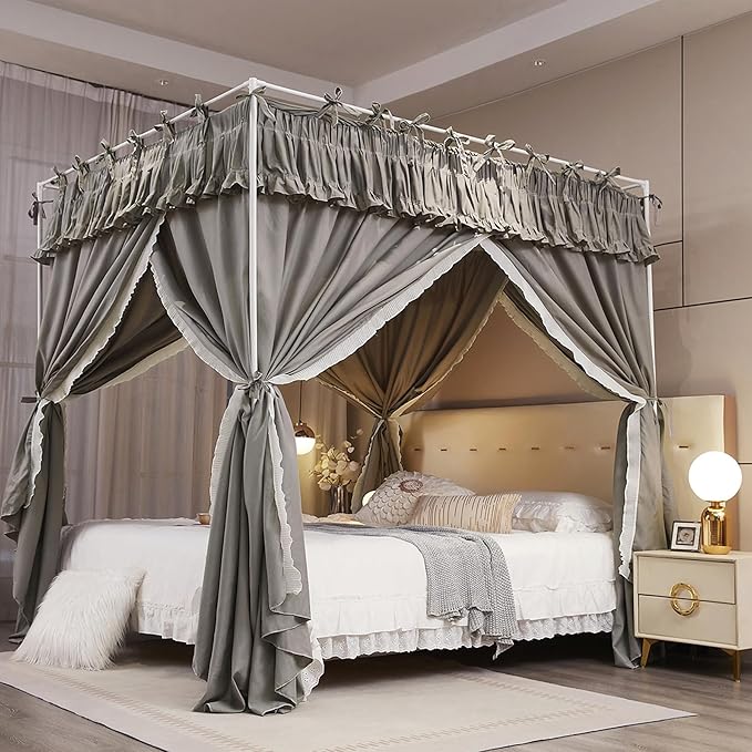 4 Corners Post Princess Ruffle Curtain Bed Canopy Lace Up Elastic Cozy Breathable Tent Mosquito Net for Girls Bedroom Decoration(Grey, 47-53" W*78" L*82"*H/Full)