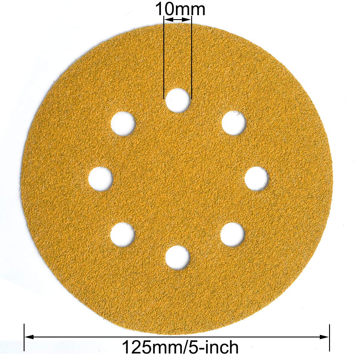 5-Inch 8-Hole Hook and Loop Sanding Discs, 60/80/120/220/400 Assorted Grits Gold Sanding Disc for Random Orbital Sander, 50-Pack