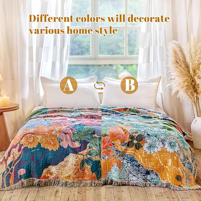 MSGKV Boho Throw Blanket for Couch 50"x60" Cotton Floral Blankets for Sofa Chair All Seasons Lightweight Muslin Breathable Farmhouse Home Decor