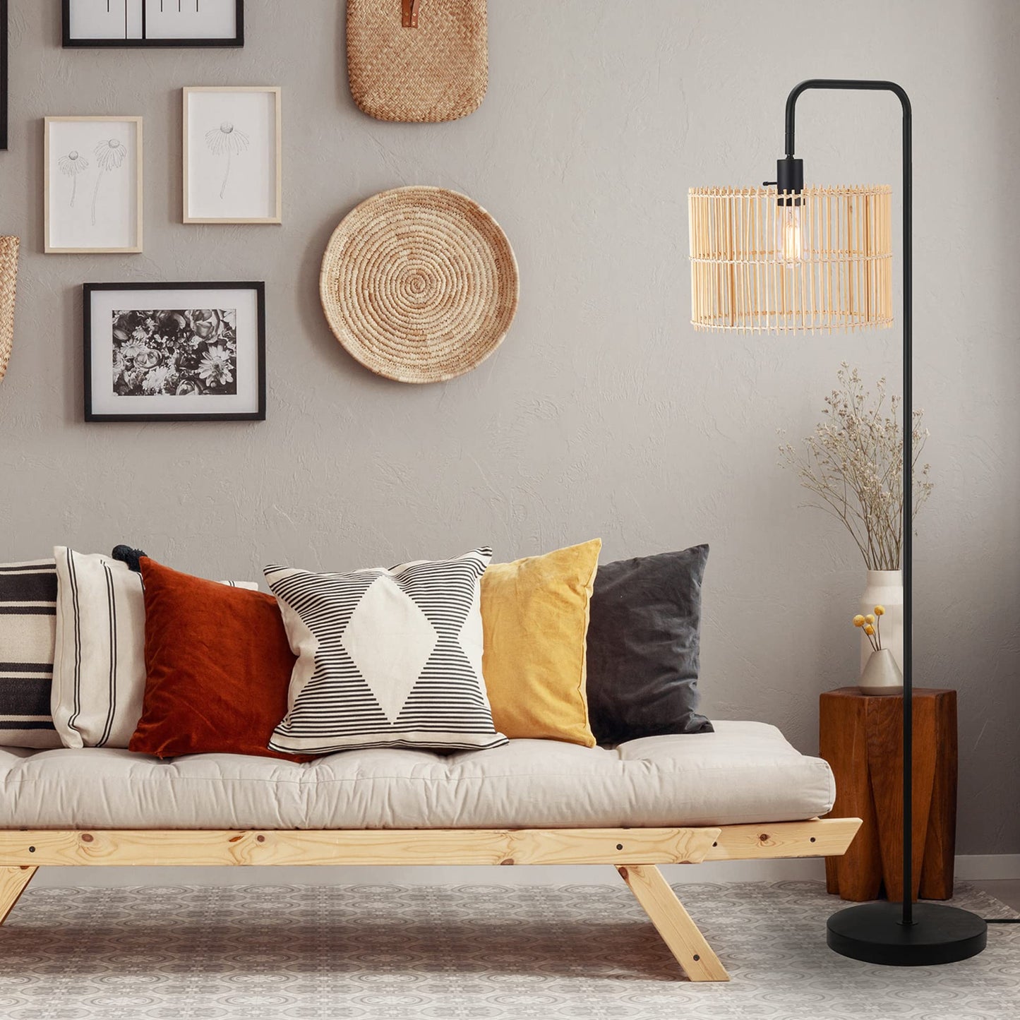 Globe Electric Barden 58in Floor Lamp, Matte Black, Bamboo Shade, Model 65909