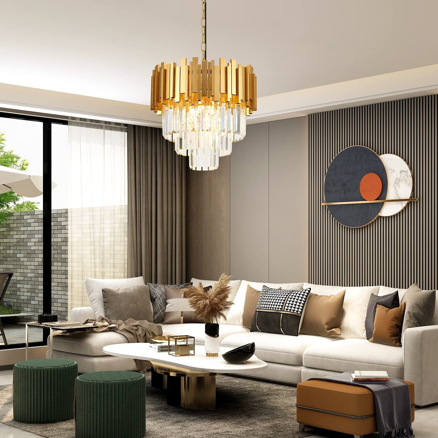 Brfaixla 3-Tier 15.8 Crystal Gold Chandelier Modern Crystal Pendant Chandeliers 5 Lights Round Hanging Lighting For Dinning Room Kitchen Island Bedroom Living Room Foyer Entryway  E12
