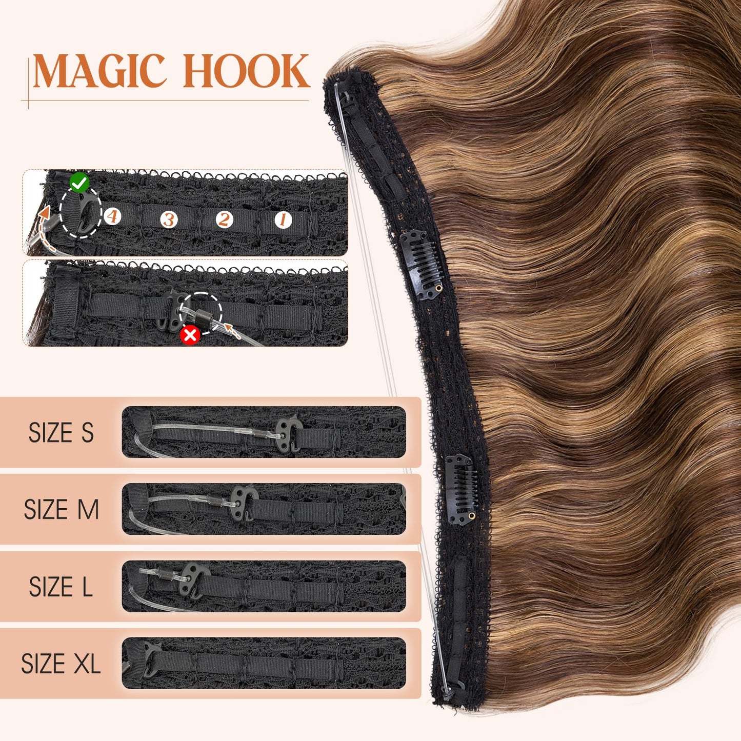 S-noilite Wavy Halo Hair Extensions Real Human Hair,20Inch Invisible Wire Hair Extensions,2 Clips Halo Extensions for Women(Medi