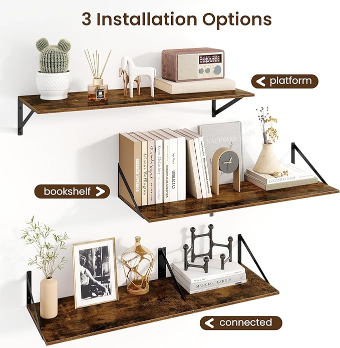 Fun Memories Floating Shelves for Wall, 12 Inch Deep Floating Shelves Set of 2, 36W x 12D Large Wall Shelf with Sturdy Metal Brackets for Living Room, Bathroom, Bedroom and Kitchen, Rustic Brown