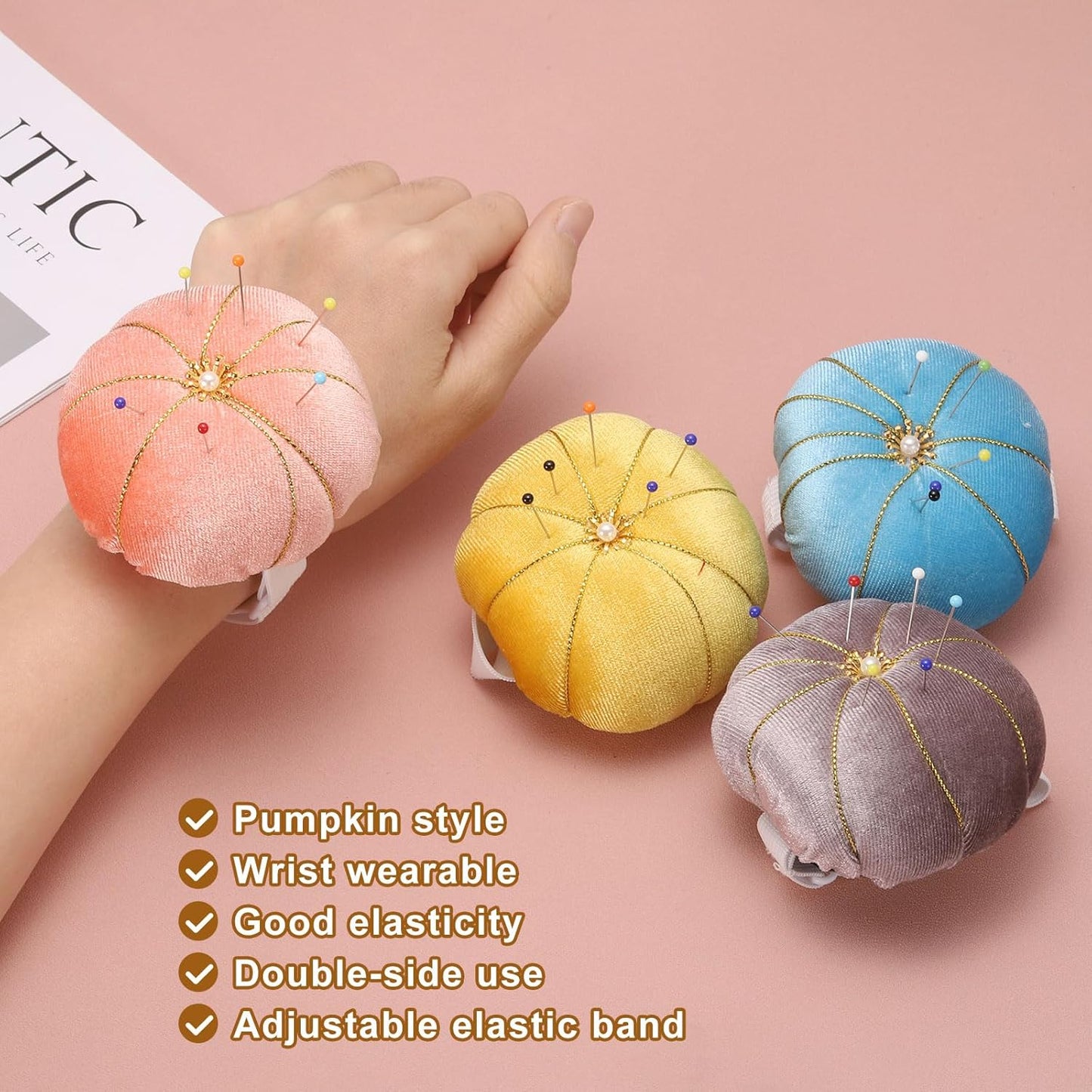 HARFINGTON Wrist Pin Cushion Wristband Sewing Pincushion Polyester Pin Holder Wearable Pumpkin Shaped Needles Wristband with 100 Head Needles for Sewing Quilting DIY Crafts, Light Blue