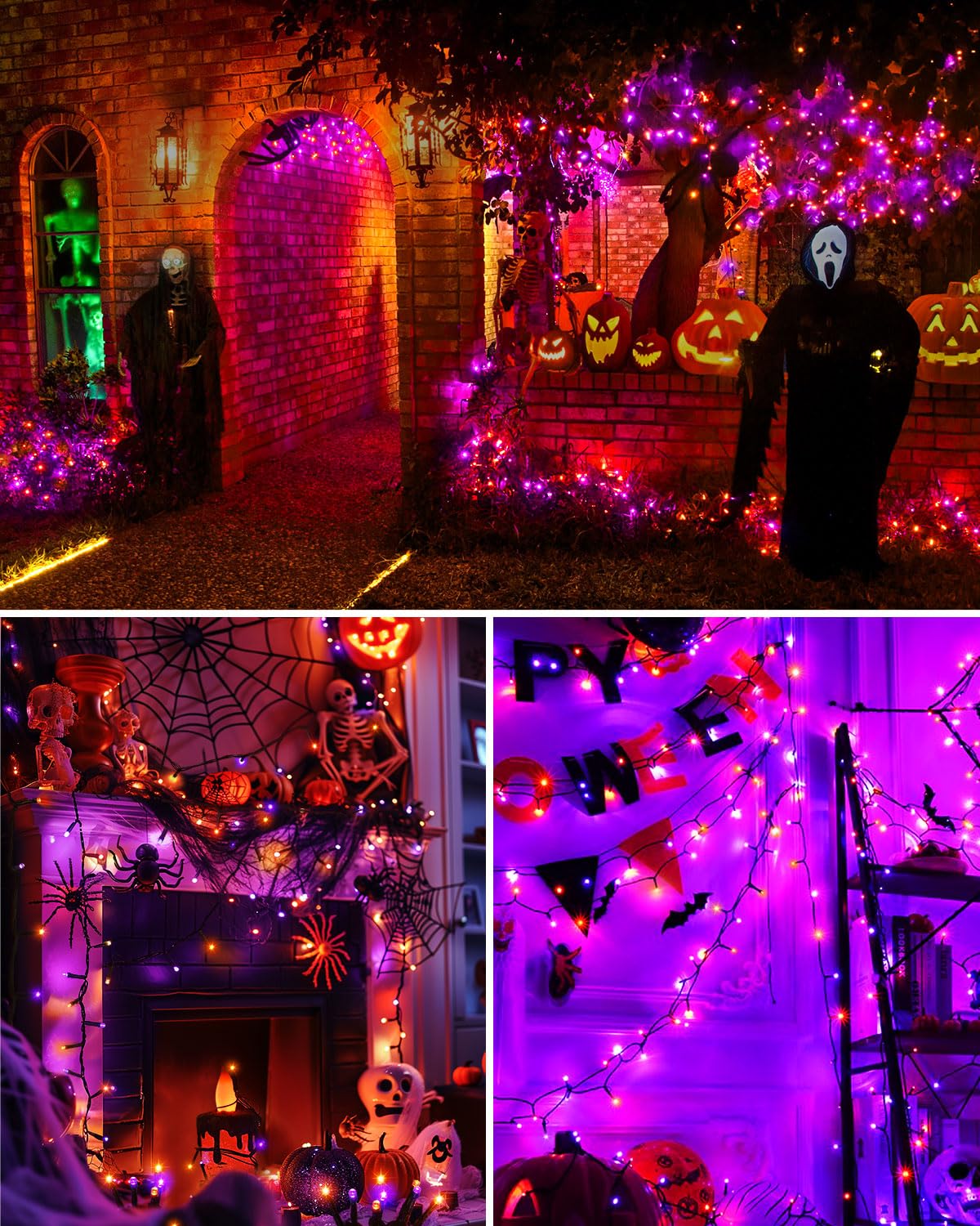 JIXXULVU Halloween String Lights, 125FT 380LED, Waterproof Black Wire, 8 Modes, Timer, Purple & Orange