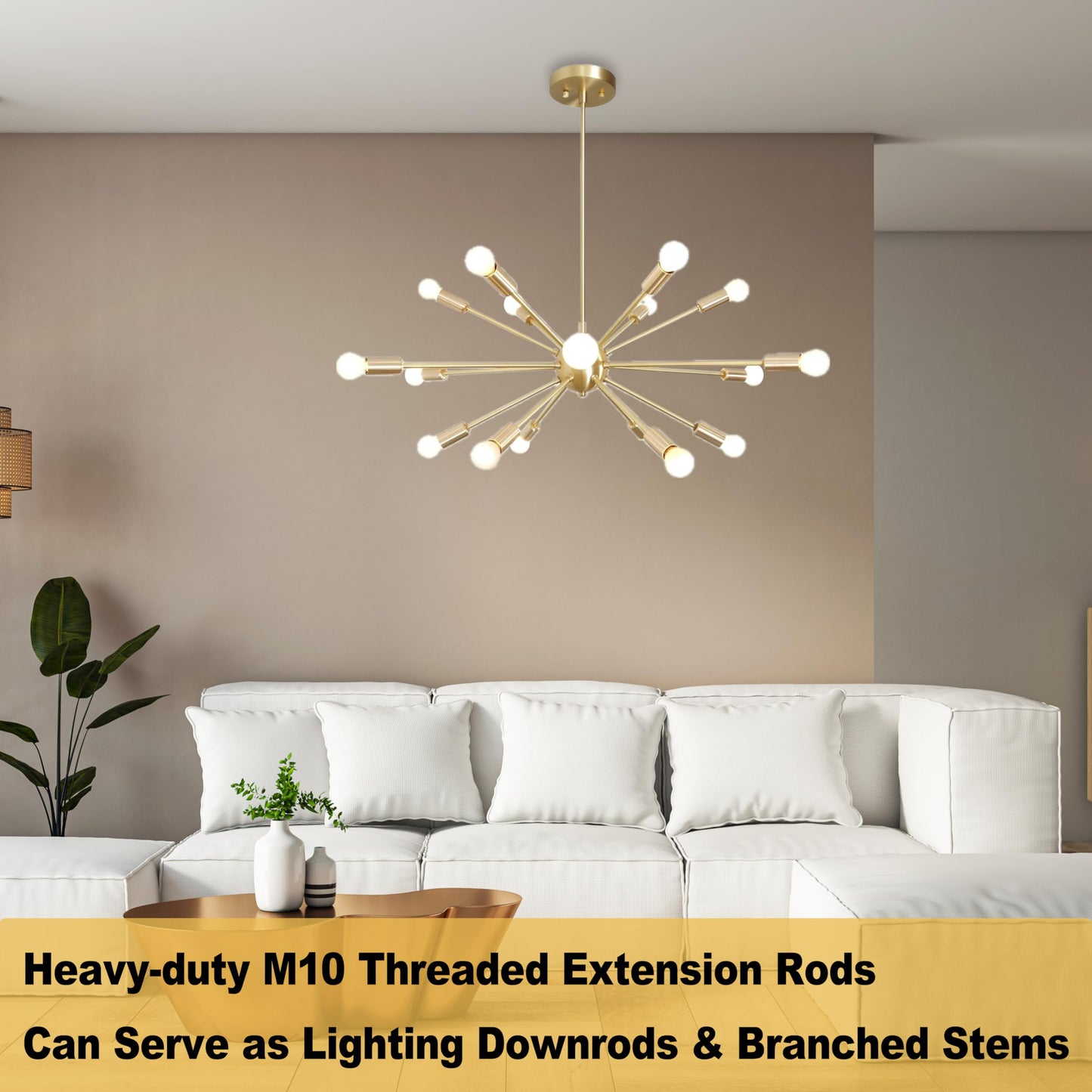 M10 Threaded Extension Poles Lighting Fixture Downrods Stems & 180 Degrees Sloped Ceiling Adapter Kits For Pendant Light  Island Lighting  Chandeliers (Brass)