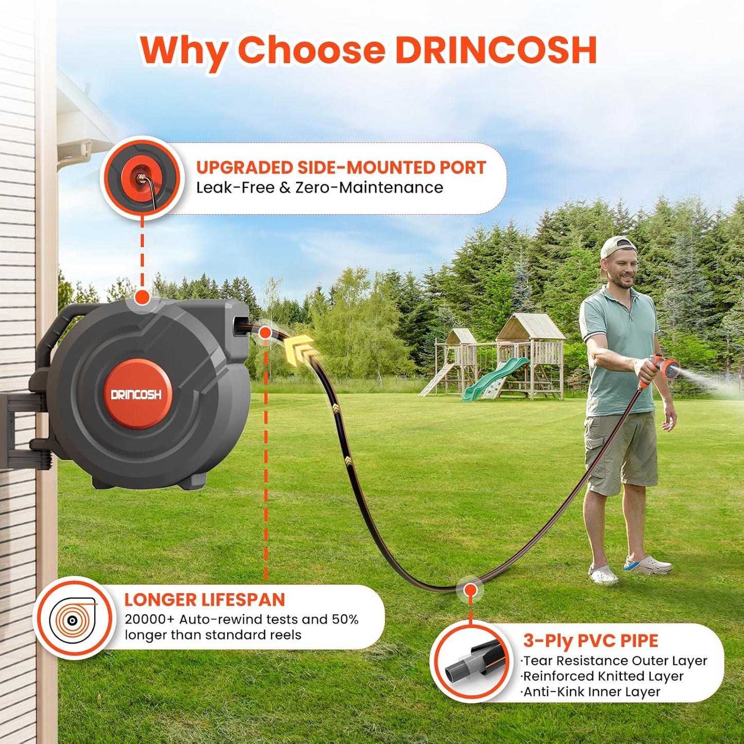 Upgraded Retractable Garden Hose Reels 130 ft X 1/2" PRO Metal Bracket 180° Swivel Any Length Lock Heavy Duty Water Hose Reels Wall Mount 9 Pattern Nozzle Garden Watering