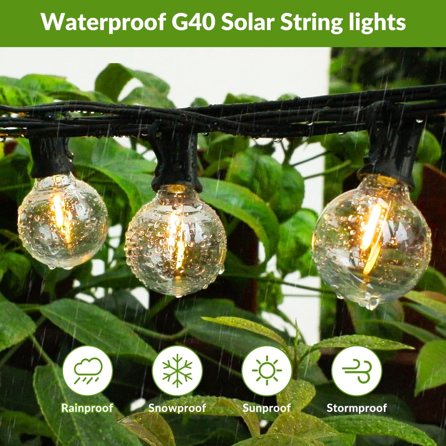 Lakumu G40 Solar String Lights, 200FT (2x100FT), 104 E12 LED Bulbs, Warm White, Shatterproof, Model GLS20C3CCTW-G