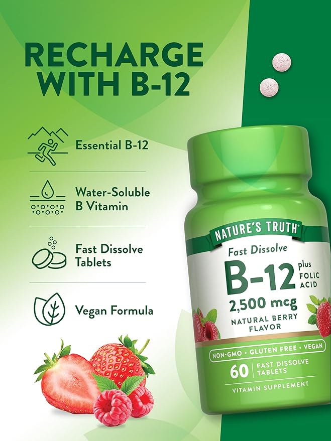 Nature's Truth B12 Vitamin | 60 Fast Dissolve Tablets | 2500 mcg | with Folic Acid | Vegan, Non-GMO & Gluten Free