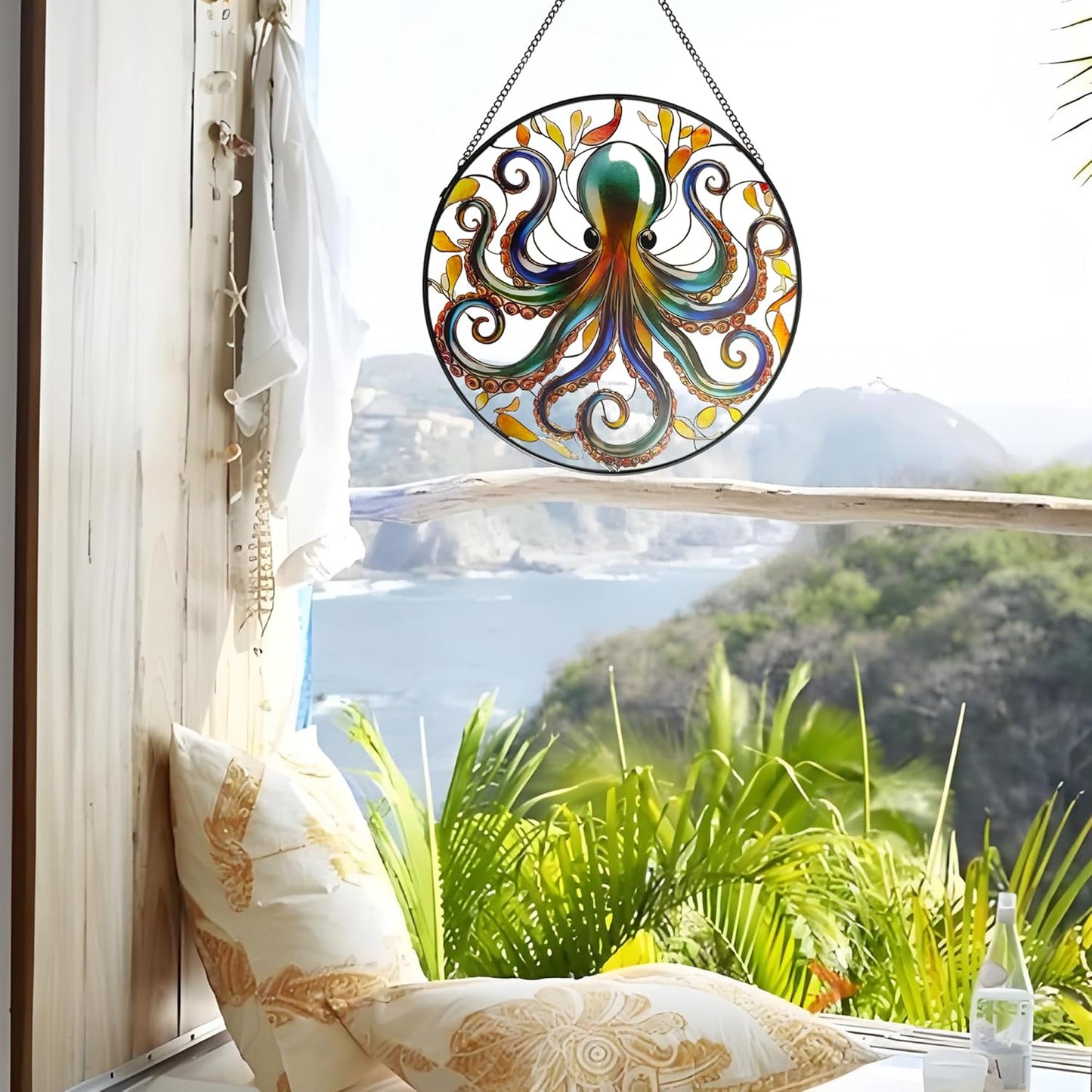Octopus Stained Glass Window Hanging, 9.8’’ Sun Catcher Glass Panel Ocean Theme Wall Art Decor with Chain, Birthday Gift for Sons, Daughters, Grandson