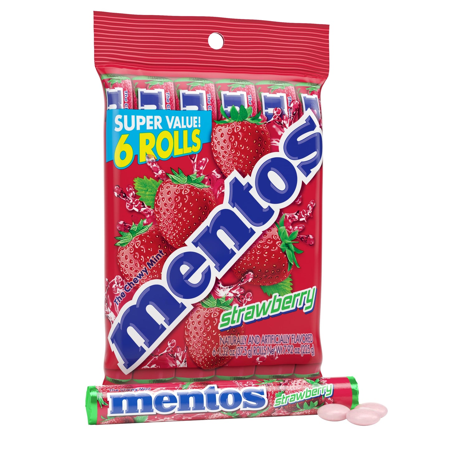 Mentos Strawberry Chewy Mint Candy Roll, Holiday Candy for Christmas Stocking Stuffers for Adults & Kids Discovery, 14 Pieces Pe