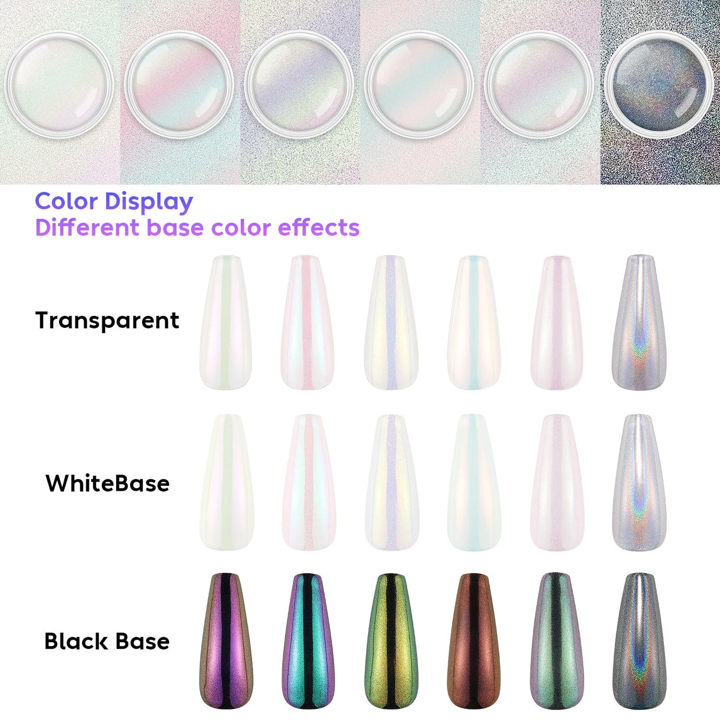 AIMEILI Pearl Chrome Nail Powder, Vegan, Cruelty Free, 6 Colors Aurora Metallic Holographic Mirror Effect Nail Art Pigment Iride