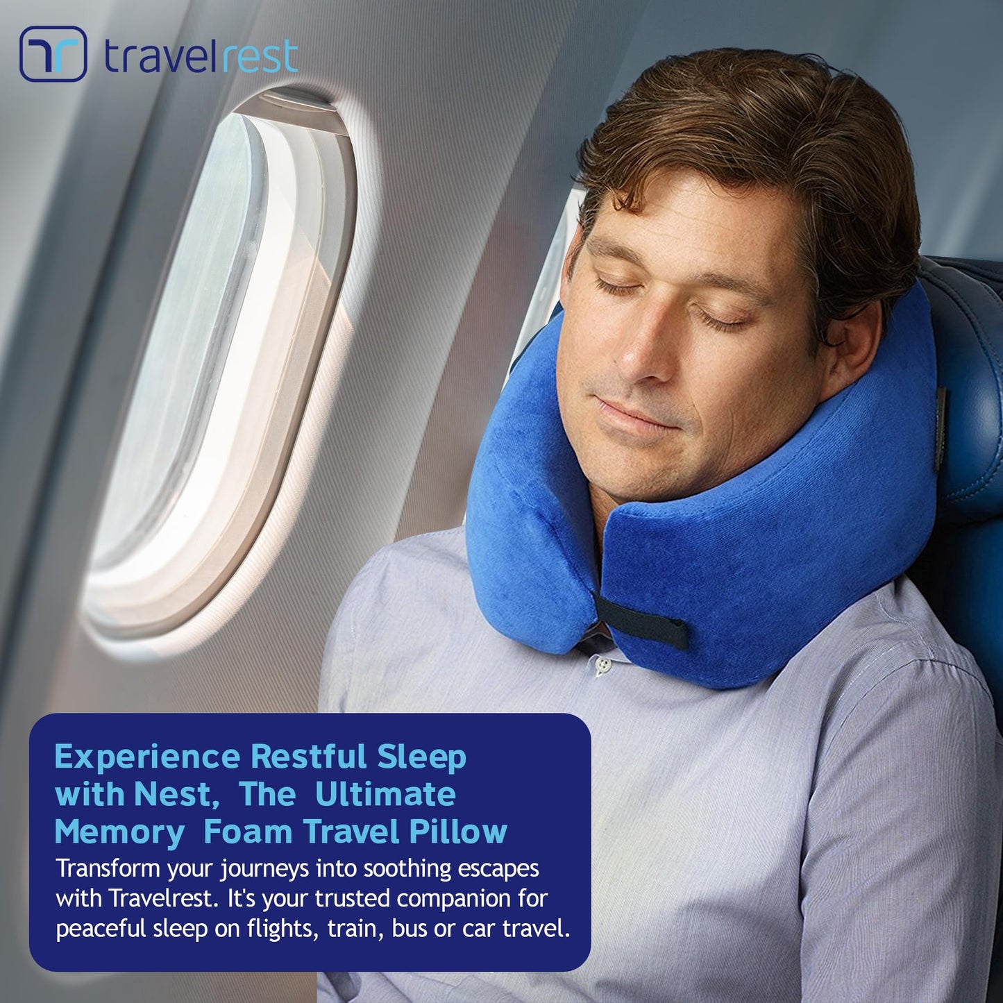 TRAVELREST Nest Memory Foam Travel Pillow/Neck Pillow 2-Pack - Advanced Neck Support for Long Flights - Patented Design for Optimal Relaxation - Long Travel - Machine Washable - Blue & Grey