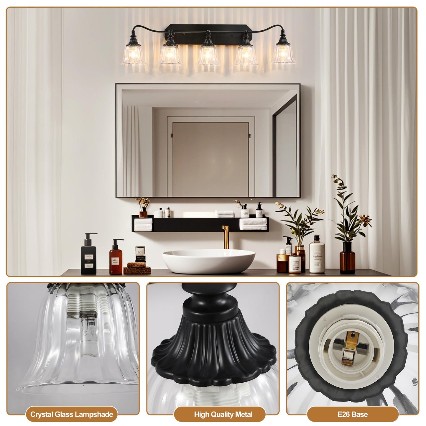 Bathroom Vanity Black Vintage Light Fixture  5 Lights Bathroom Lighting Matte Antique Brass Finish With Crystal Glass Shade  Black Vintage Vanity Light