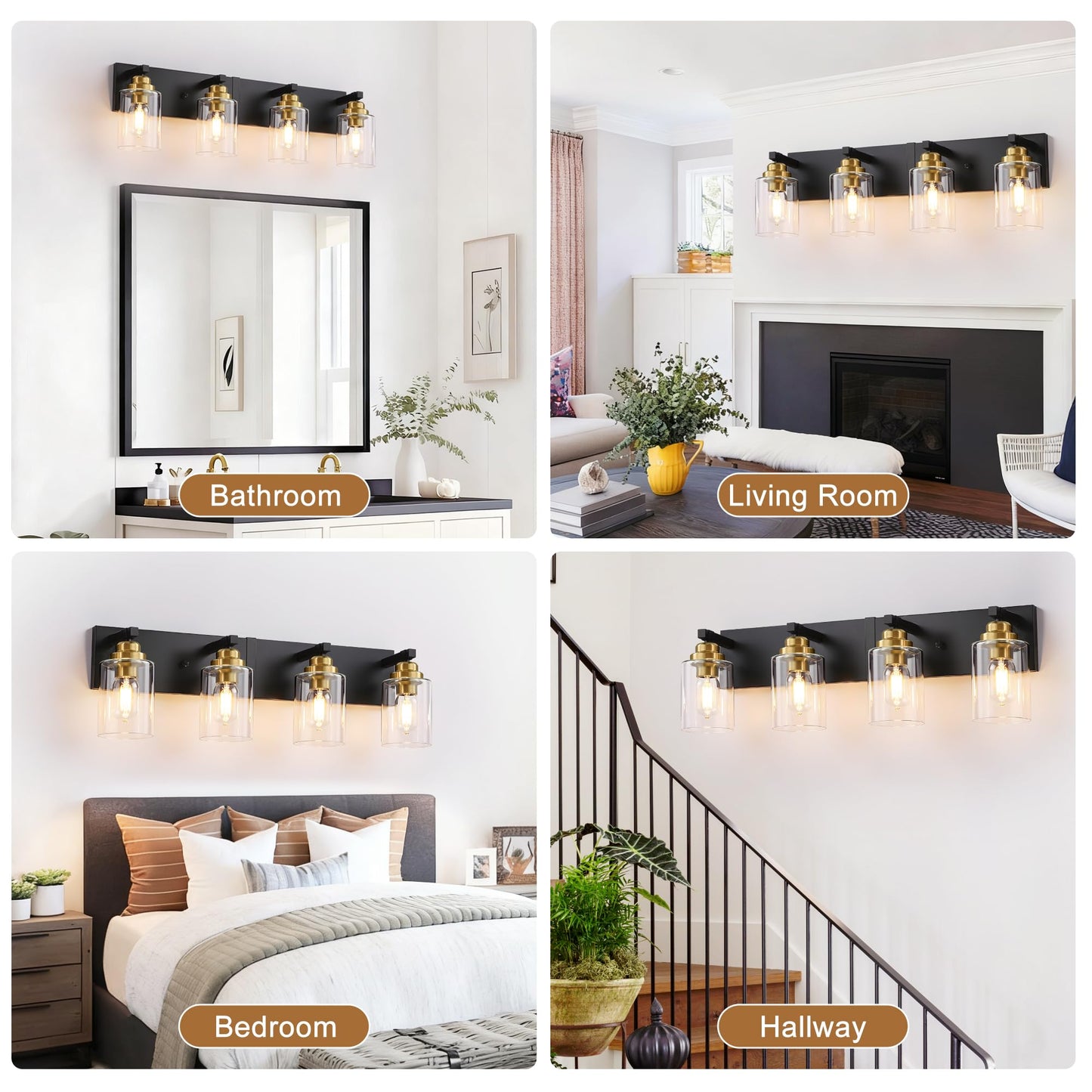 Black and Gold Bathroom Light Fixture, 4 Light Brushed Gold Vanity Light, 27.5" Modern Farmhouse Bathroom Lighting Fixtures Over Mirror, with Clear Glass Shade, Vanity Lights for Bedroom Hallway