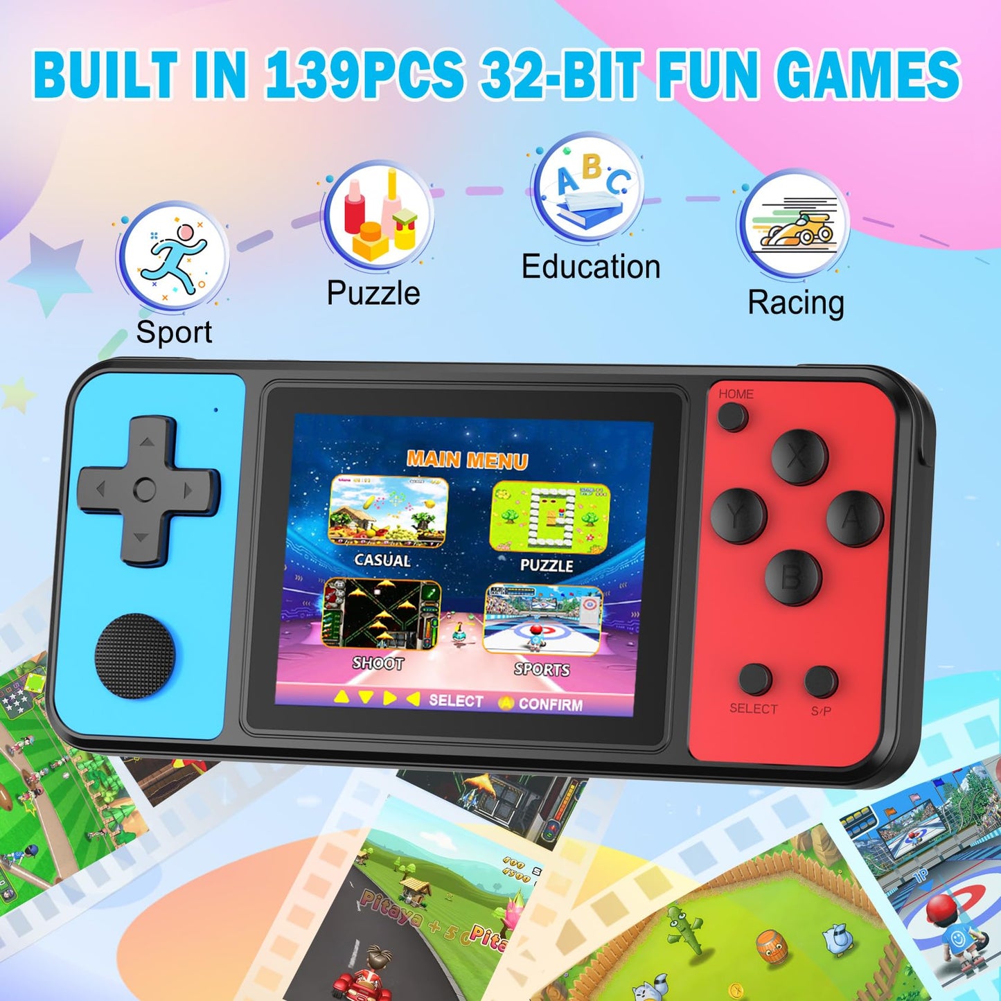 Beico 32 Bit Kids Handheld Games Preloaded 139 Video Games,Portable Electronic Toys with 3.0" IPS Screen Rechargeable Battery,Gaming System Birthday Gifts for Boys Girls Ages 4-12 (Blue-Red)