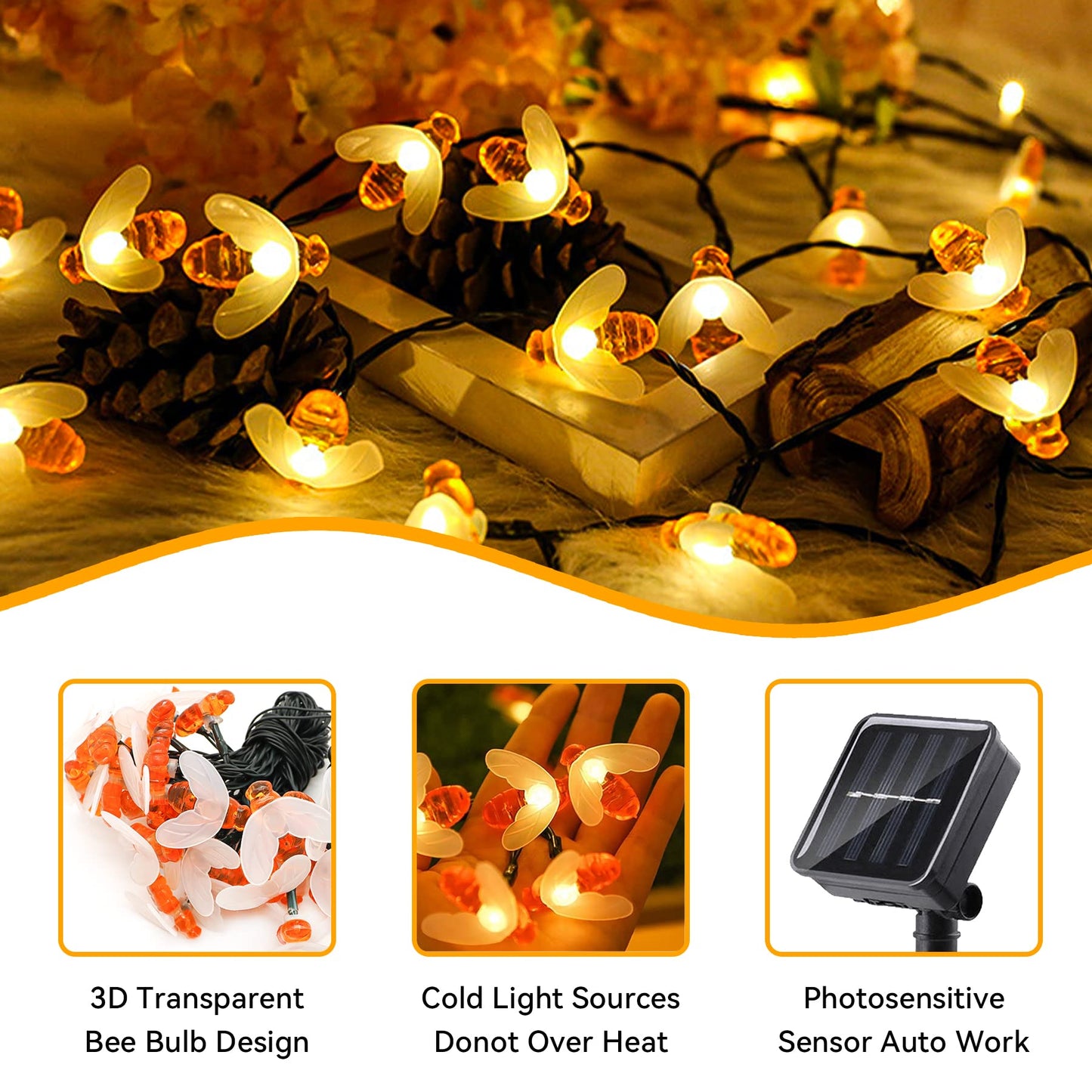 ITICdecor Solar Bee String Lights 30 LED Waterproof 8 Modes 30L Orange SL-HBee-30L-US