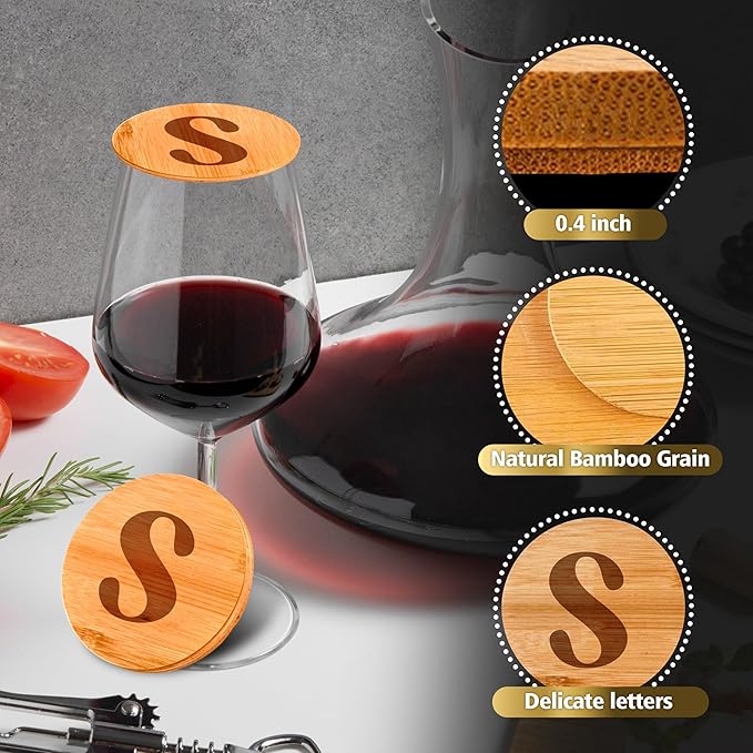 Personalized Wine Glass Charcuterie Topper - Custom Laser Engraved Initial Bamboo Wine Glass Topper Stopper Coasters Plate ID Identification Wine Glass Charcuterie Board Topper (Letter S)