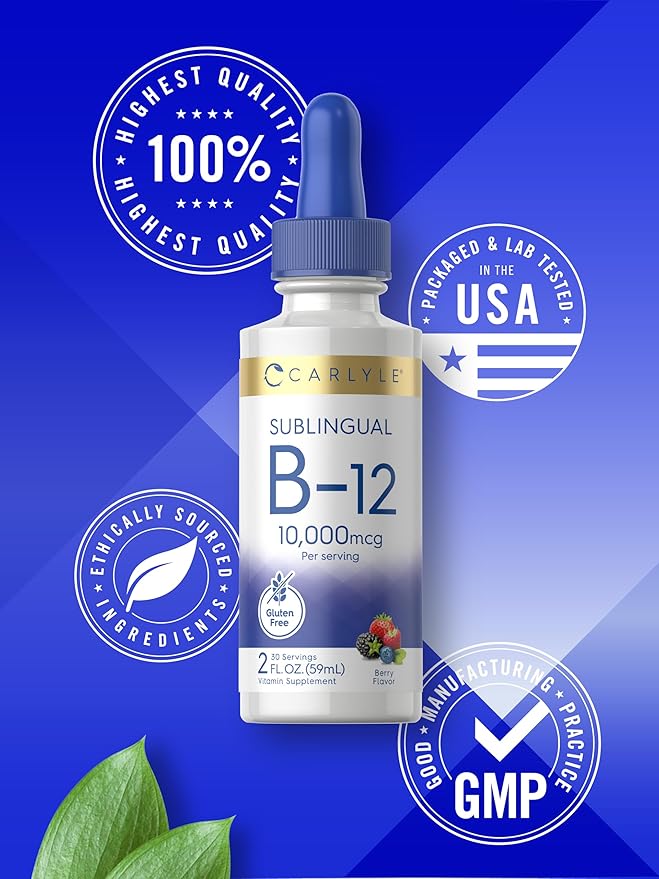 Carlyle Vitamin B12 Sublingual | 10,000mcg | 2 fl oz | Vegetarian, Non-GMO, Gluten Free Liquid Drops