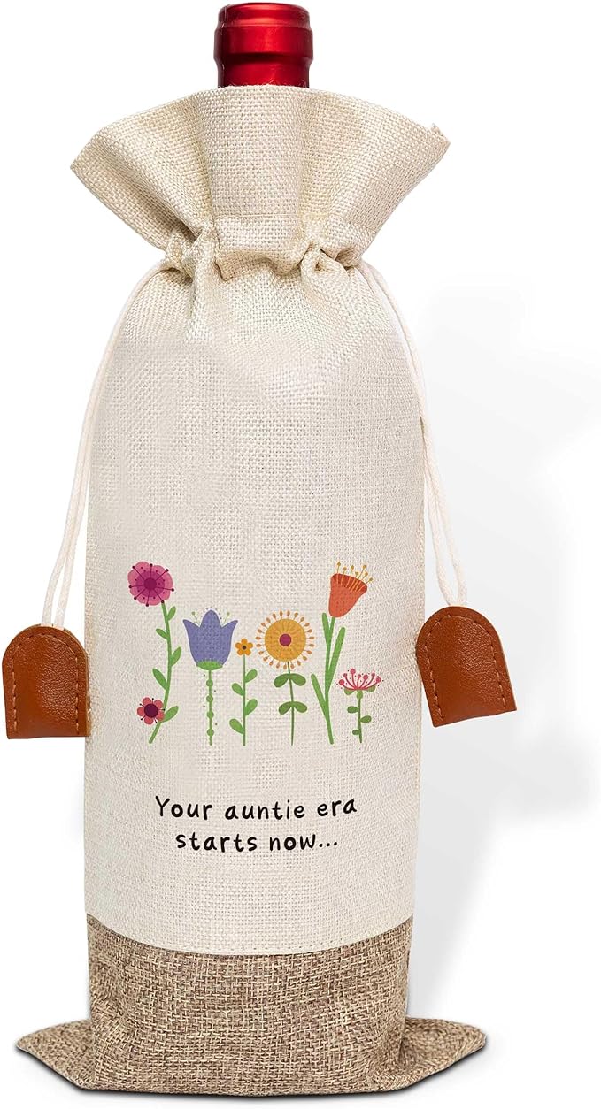 Funny Auntie Pregnancy Announcement Wine Bag, Wine Champagne Bottle Gift Bag, Cotton Linen Wine Gift Bag With Drawstring, Gift for Pregnancy Announcement, New Aunt Uncle for Baby Announcement-9
