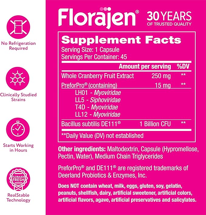 Florajen Women’s Triple Action Probiotic – Prebiotic + Probiotic + Cranberry for Vaginal, Digestive & Immune Support – Fast-Acting, Clinically Studied, Gluten-Free & Vegan, (30 Count)