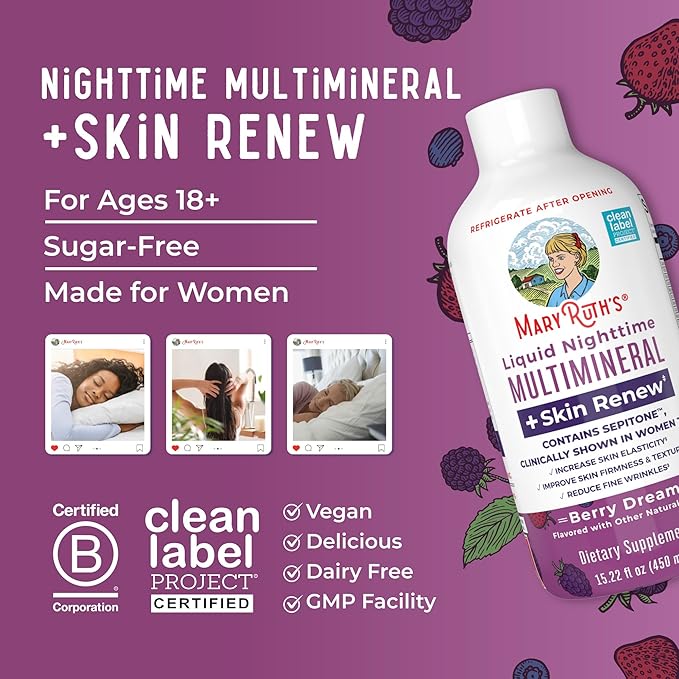 Liquid Nighttime Liquid Multimineral + Skin Renew for Women | Sleep Supplement | Reduce Fine Wrinkles | Improve Skin Firmness | Sugar Free | Magnesium | NO Melatonin | Vegan | 15 Servings
