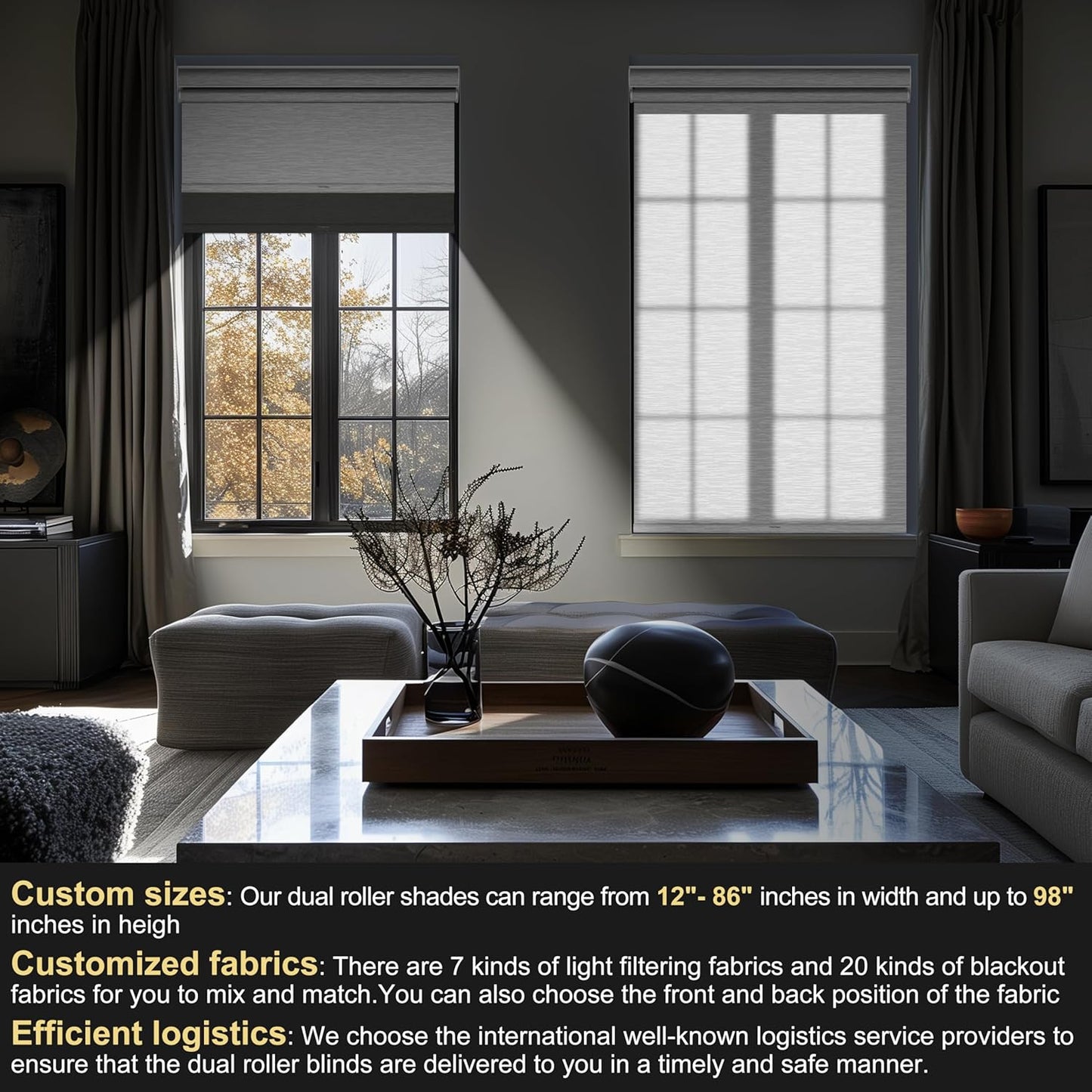 BERISSA Cordless Dual Roller Shades with Cassette Valance,Double Window Shades Blackout and Light Filtering Shades,Day and Night Roller Shades for Home Office Door.Grey and White.59 W x 80" H