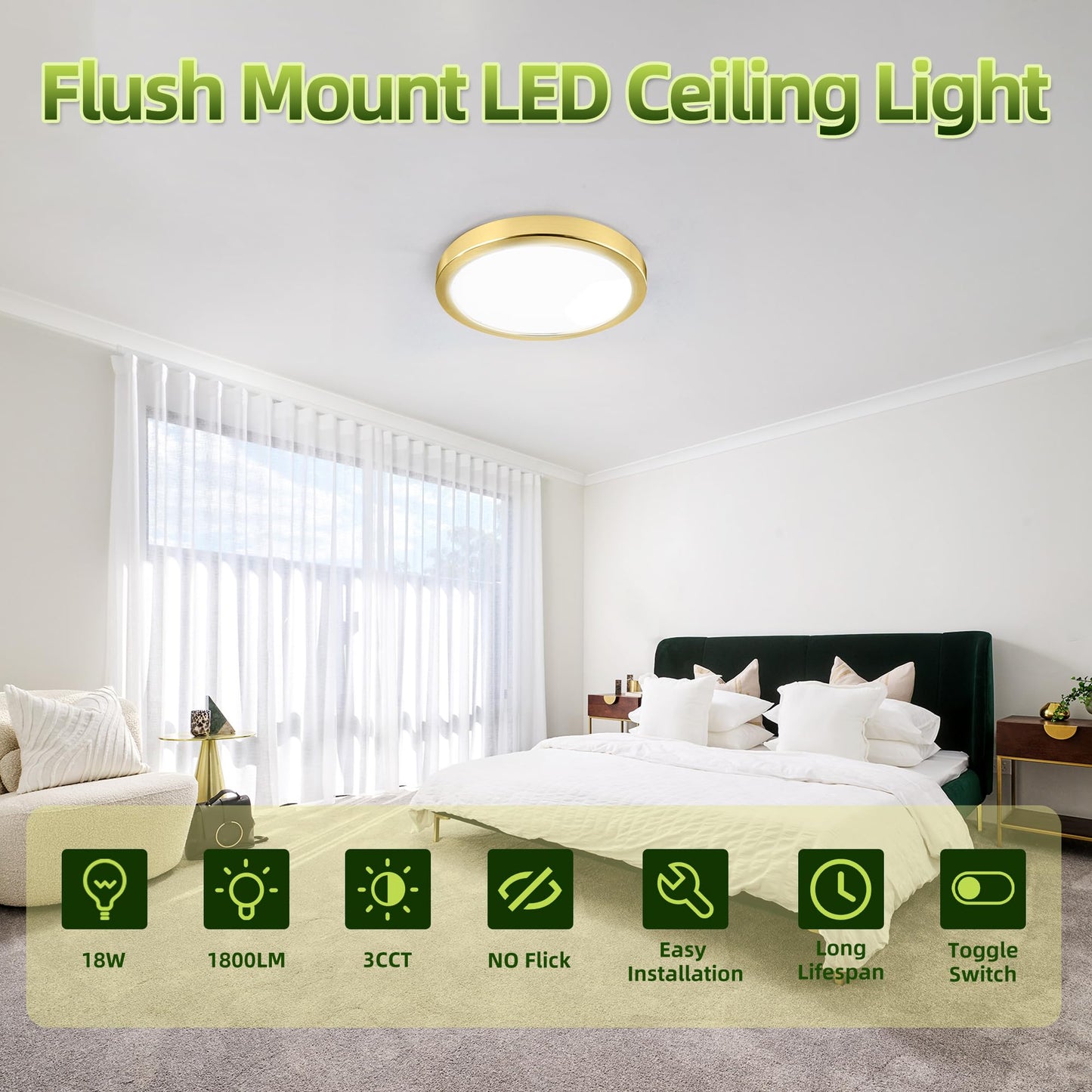 hykolity LED Round Flat Panel Light 9 Inch 18W 1800LM Selectable CCT 3000K/4000K/5000K Gold Model DYXDD230
