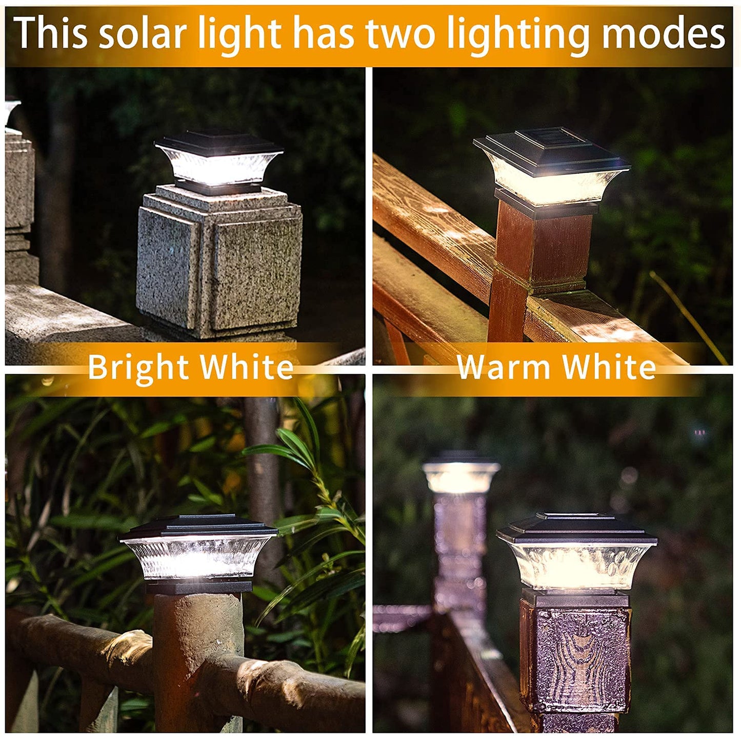 HUYIENO Solar Post Cap Lights LED Outdoor Lighting 4PK Warm White/Bright White Black for 4x4 Wooden Posts