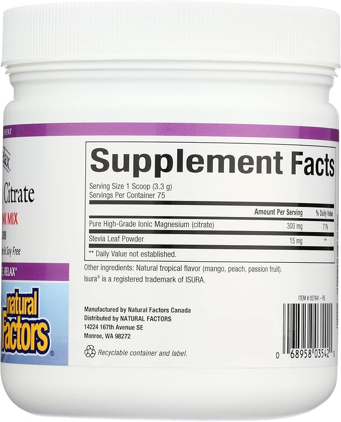 Stress-Relax Magnesium Citrate Drink Mix by Natural Factors, Restores Normal Levels of Magnesium & Balances Calcium Intake, Non-GMO, Tropical Flavor, 8.8 oz (75 servings)
