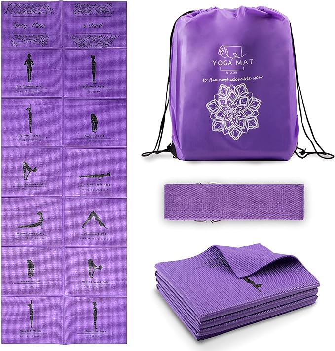 Foldable Yoga Mat for Women, Non Slip Exercise Mat for Home Gym, 5mm Travel Yoga Mats Set With Stretch Strap for Yoga Pila...