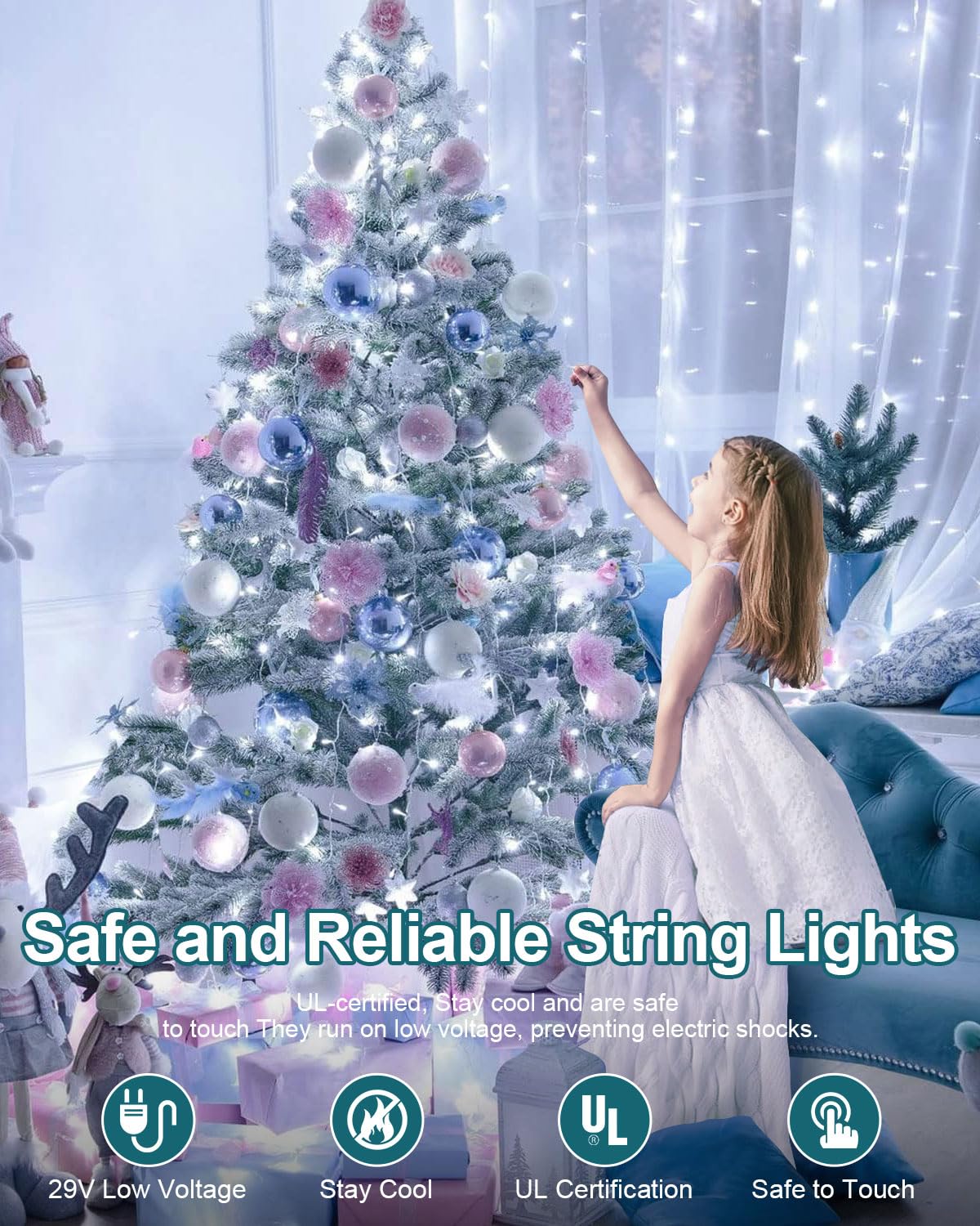 JIXXULVU LED Christmas Lights, 552FT 1400 Lights, Waterproof, Timer, 8 Modes, Cool White, Model 300L