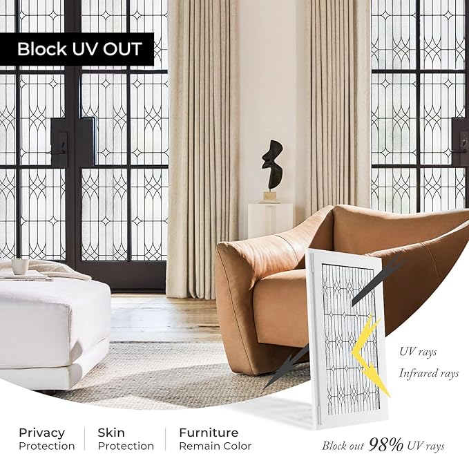 Window Privacy Film, Stained Glass Decorative Static Cling, Removable Sun Blocking Vinyl Covering,Window Film for Home Kitchen Living Room, Dusseldorf, 17.3" x 78.7"