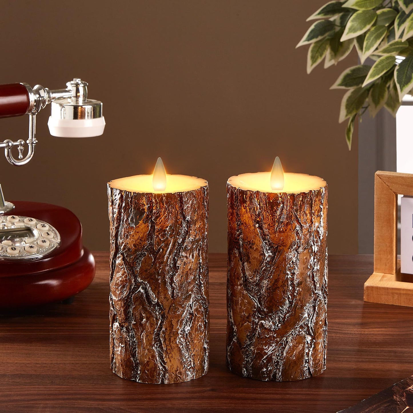 CozierGlow Pine Flameless Pillar Candles Flickering with Remote Timer, Battery Operated LED 3D Moving Flame Real Wax Candles, Set of 2, D3 x H6,Remote Included (Pine)