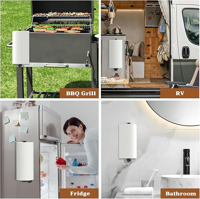 Magnetic Paper Towel Holder, One-Handed Tear, Adhesive, Black, Paper Towel Holder Wall Mount with Ratchet Mechanism for Refrigerator, Camper, Garage, Rv, Kitchen, Bathroom, Farmhouse