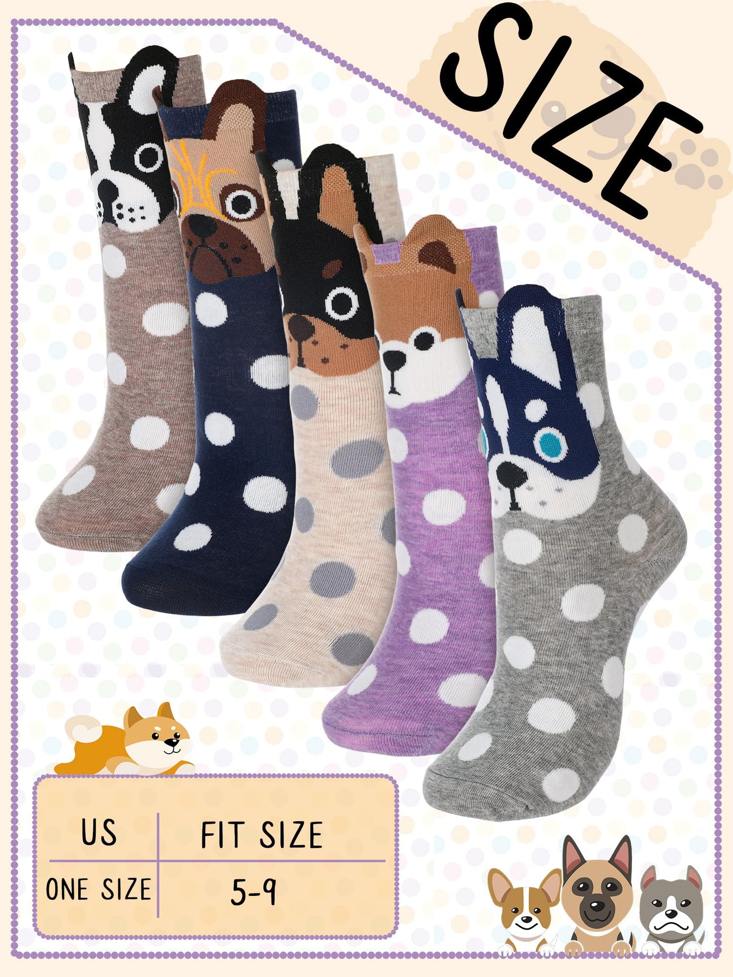 Fourluoo 5 Pairs Women Cat Socks Cute Cozy Funny Animal Patterned Fun Ankle Sock Novelty Dog Socks for Women Gift(Muted Tones,Spot Dog)
