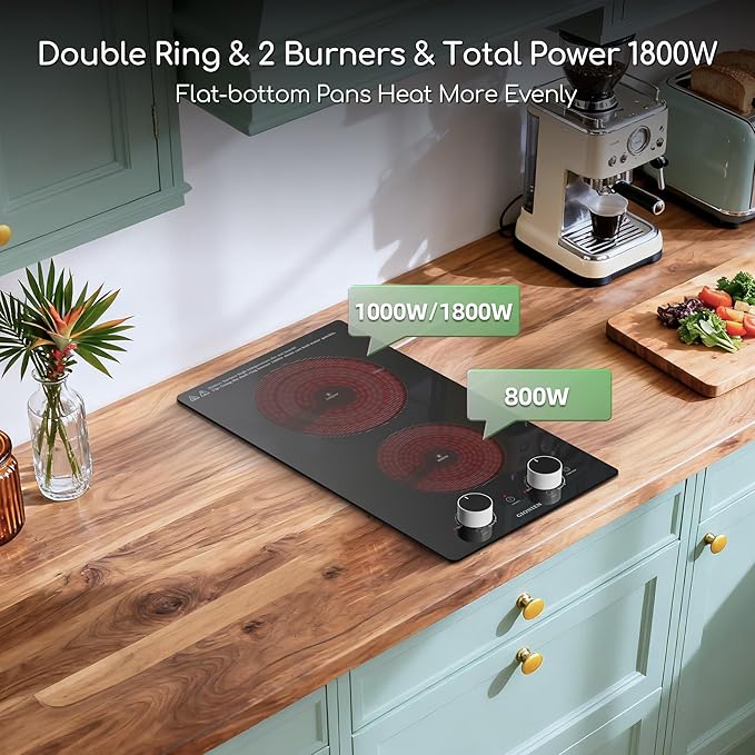 12 Inch Electric Cooktop with 2 Burner,110V-120V, 1800W,Plug in Electric Stove Top with Countertop Support Frame‌,Countertop & Built-in,Glass Radiant Cooktop with Knob & Touch Control