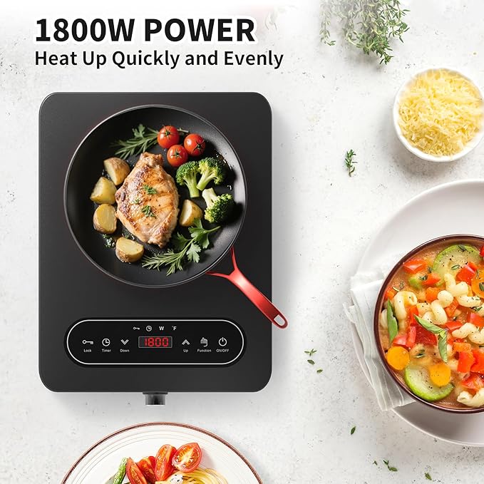 VBGK Single Burner Electric Cooktop, 110V 1800W Electric Cooktop with LED Touch Controls and Knob Controls, 10 Power Levels, 4-Hour Timer, Safety Lock, Single Burner Overheat Protection