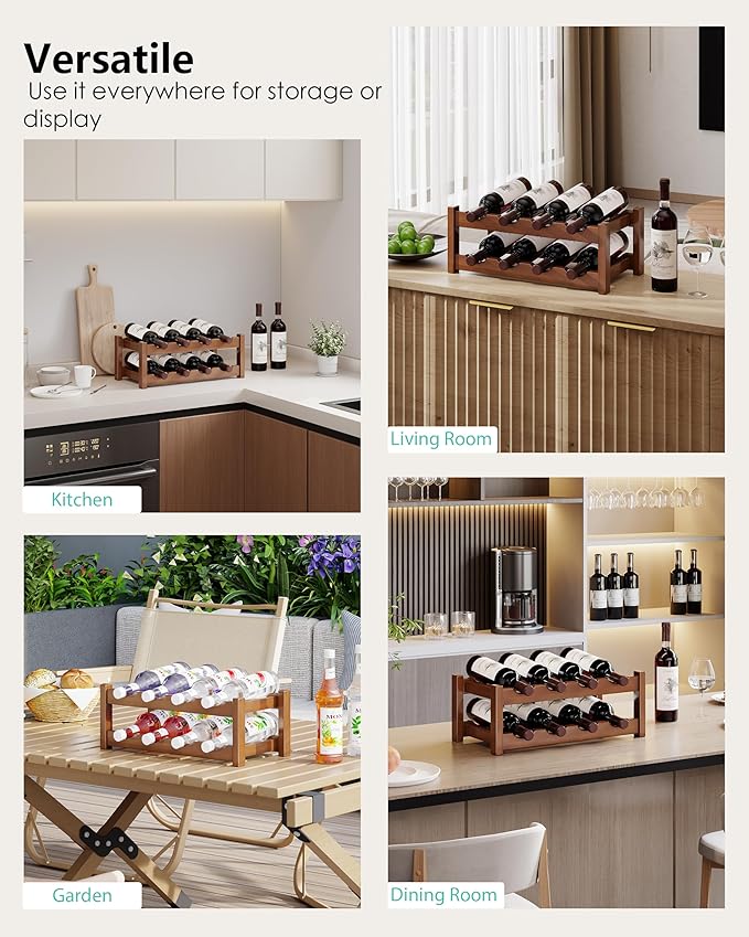 Countertop Wine Rack for Inside Cabinet, Solid Wood 2-Tier Wine Racks for 8 Bottles, Pinewood Liquor Storage Shelf, Wooden Water Bottle Organizer for Pantry, Kitchen, Bar, Dining Room (Walnut)