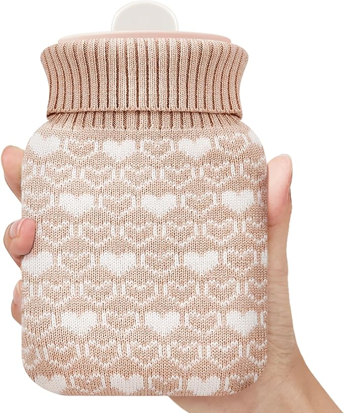 Amylove Mini Hot Water Bottle 320ml for Hot & Cold Compress with Cover Silicone Microwave Heating Small Water Bag for Travel Pain Relief Holiday Gifts(Beige)