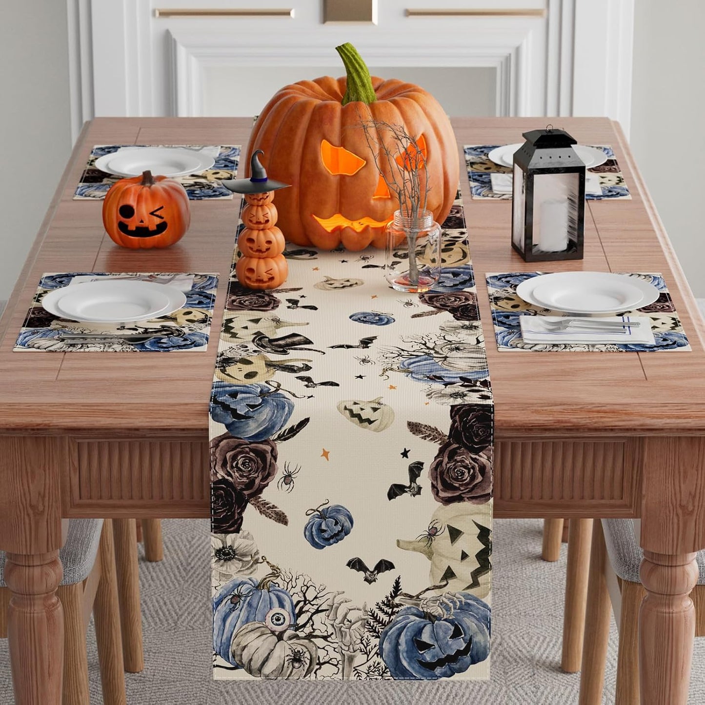 XCHI Spooky Blue Pumpkin Halloween Table Runner Party Table Decoration for Home Kitchen Dining Holiday Decor 13x36 Inch