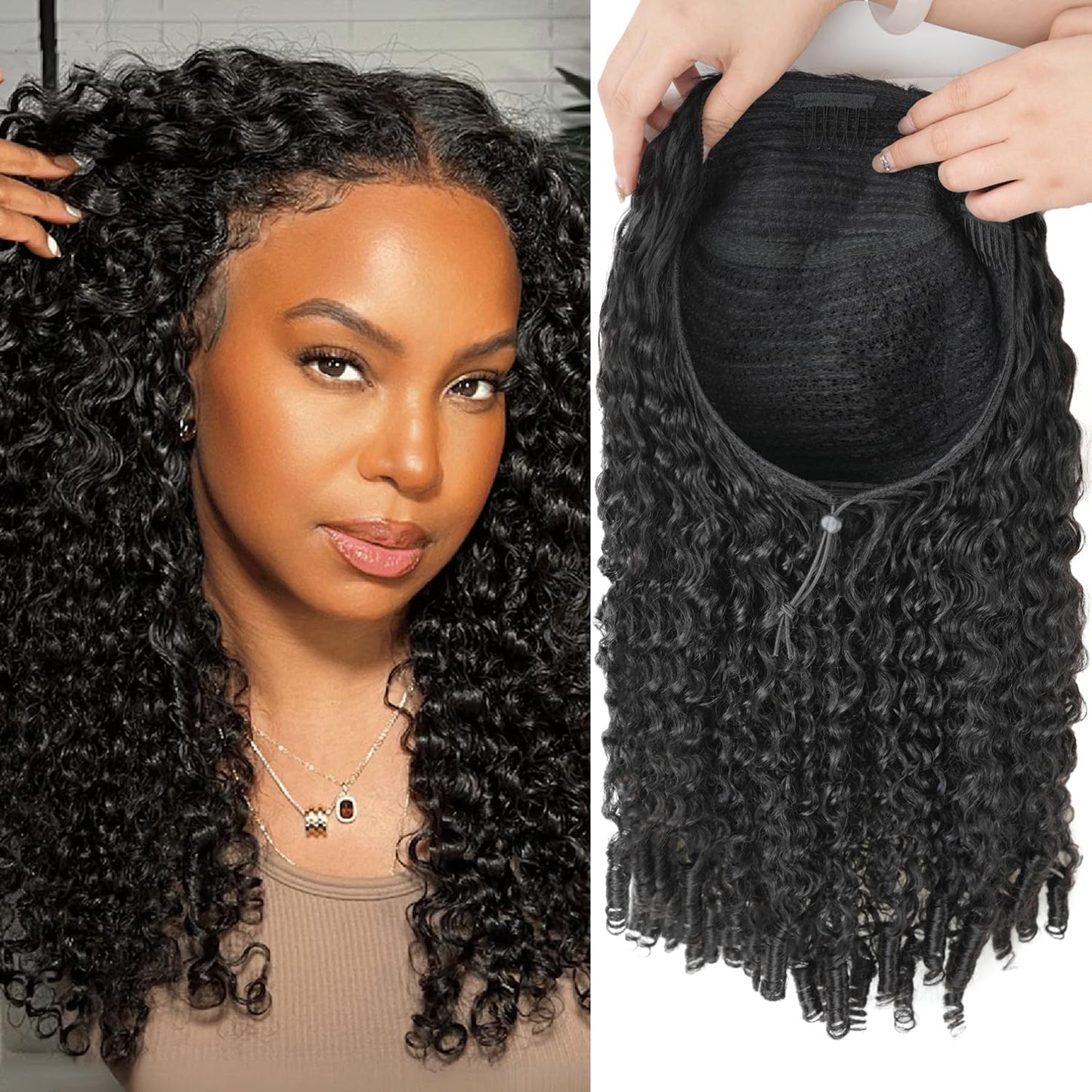 Burmese Curly Half Wigs Human Hair 200% Density Curly 3 In 1 Half Wigs With Drawstring for Women Water Wave Glueless Wig Human H