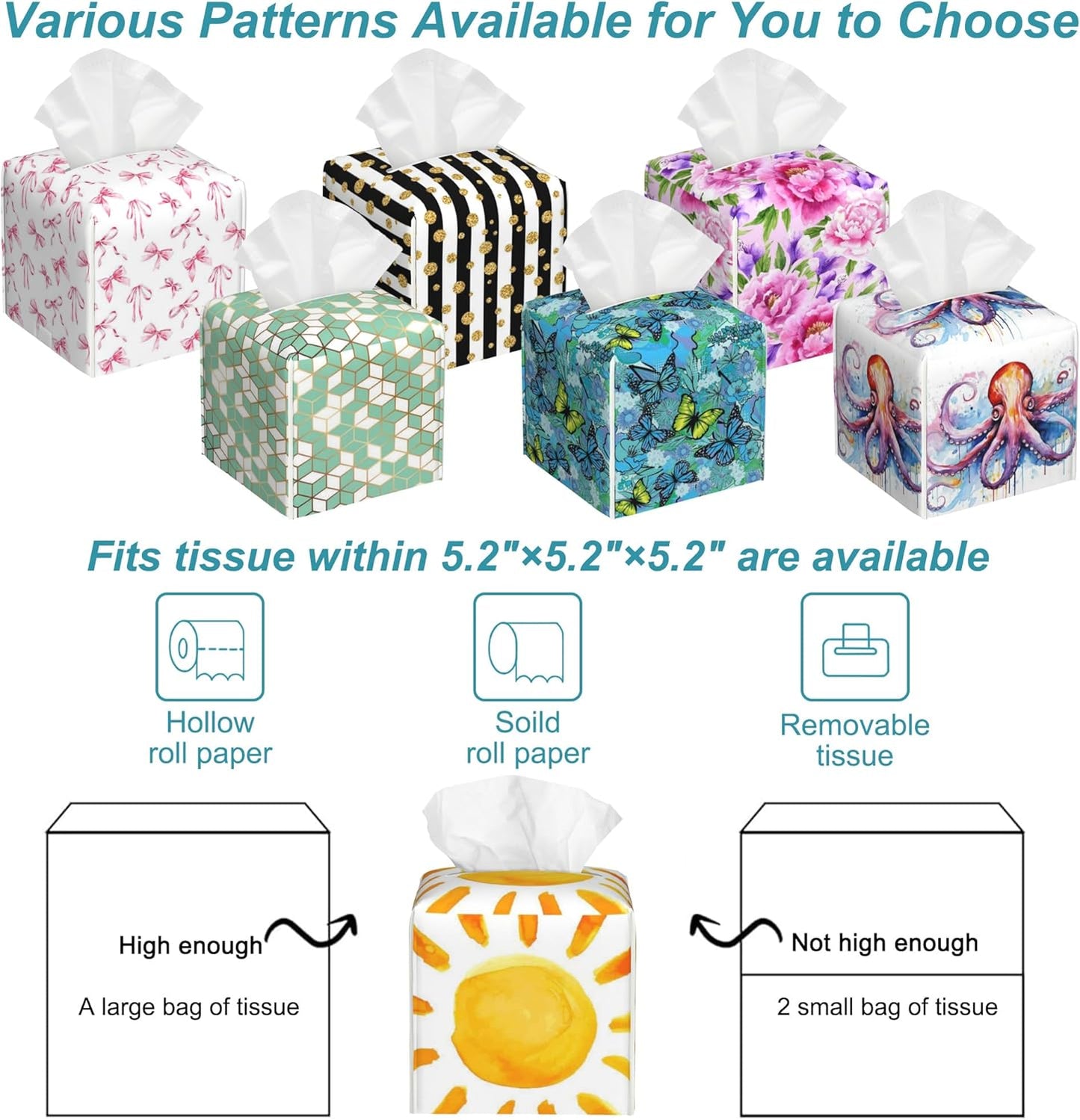 Watercolor Sun Tissue Box Cover Square,Sunlights Leather Tissue Holder,Waterproof Leather Facial Paper Organizer Tissue Box Cover for Home Office Bathroom Vanity Countertop,5.2" x 5.2" x 5.2"